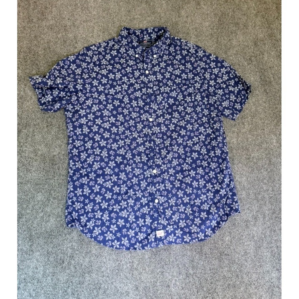 Vineyard Vines Shirt Men's Blue White Floral Slim Fit Tucker Short Sleeve Size L
